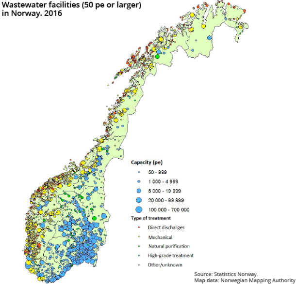 Figure 1. Wastewater facilities (50 pe or larger) in Norway. 2016 Figure 1. Wastewater facilities (50 pe or larger) in Norway. 2016