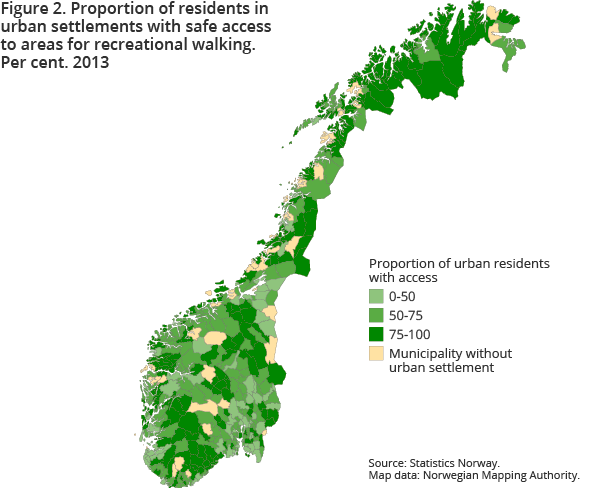 Figure 2. Proportion of residents in urban settlements with safe access to areas for recreational walking. Per cent. 2013