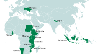 Map showing the countries Statistics Norway work with: Ethiopia, Ghana, Indonesia, Kenya, Malawi, Mozambique, Namibia, Nepal, Sudan, Tanzania, Uganda and Ukraine.