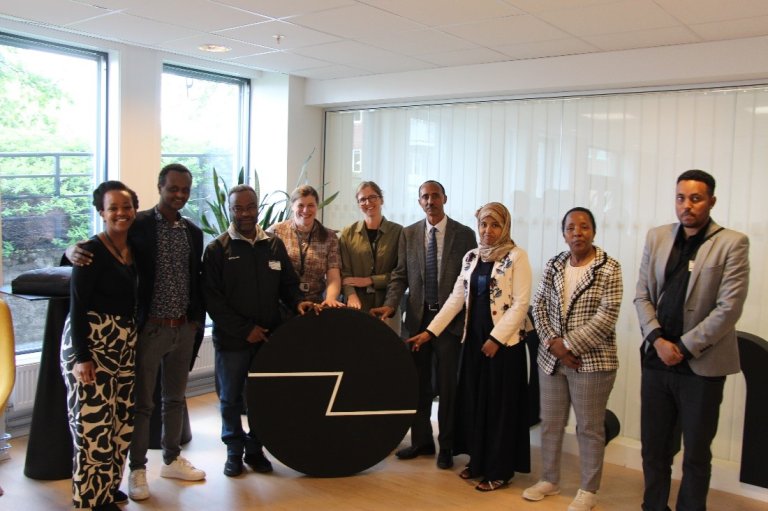 A picture of the Ethiopian delegation at SSB: Tarik Ogbamichael (SSB). Sisay Endale (ESS), Damtew Berhanu (ESS), Siv Irene Pedersen (SSB), Janne Utkilen (SSB), Dr. Beker Shale (DG – ESS), Jemila Mehammed (ESS), Aberash Tariku (Local Project Coordinator) and Mengistu Belay (ESS)