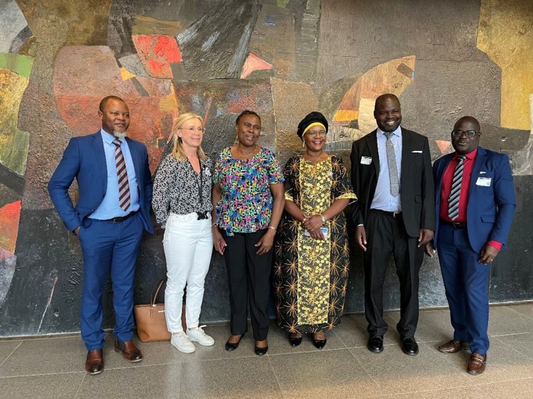 A picture of The Malawian delegation at Norad: Shelton Kanyanda (NSO), Irene Tuveng (SSB), Glory Mshali (NSO), Lizzie Chikoti (NSO), Bright Mvula (NSO).