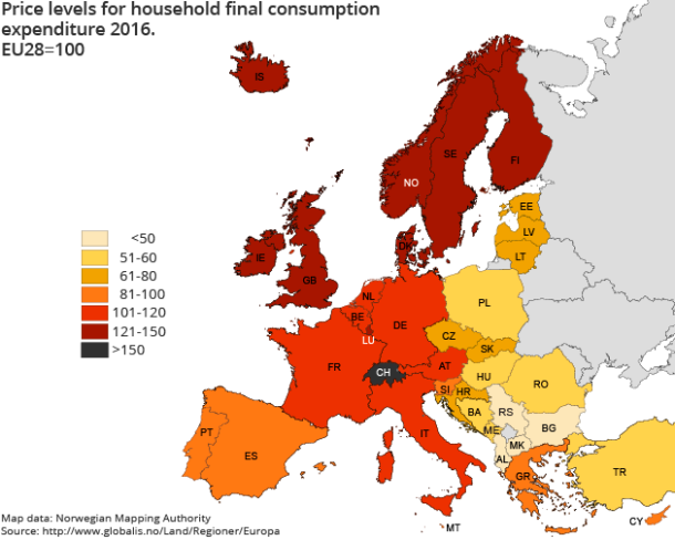 Figure 2. Price levels for household final consumption expenditure 2016. EU28=100 Figure 2. Price levels for household final consumption expenditure 2016. EU28=100