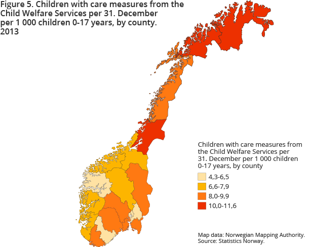 Figure 5. Children with care measures from the Child Welfare Services per 31. December per 1 000 children 0-17 years, by county. 2013 Figure 5. Children with care measures from the Child Welfare Services per 31. December per 1 000 children 0-17 years, by county. 2013