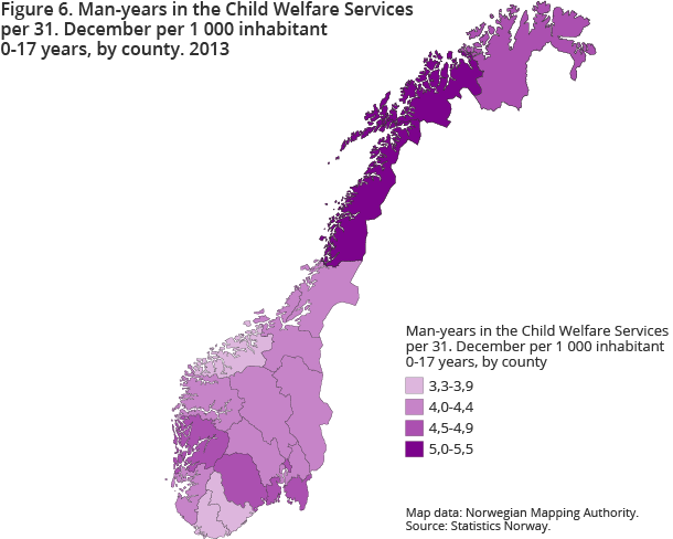 Figure 6. Man-years in the Child Welfare Services per 31. December per 1 000 inhabitant 0-17 years, by county. 2013 Figure 6. Man-years in the Child Welfare Services per 31. December per 1 000 inhabitant 0-17 years, by county. 2013