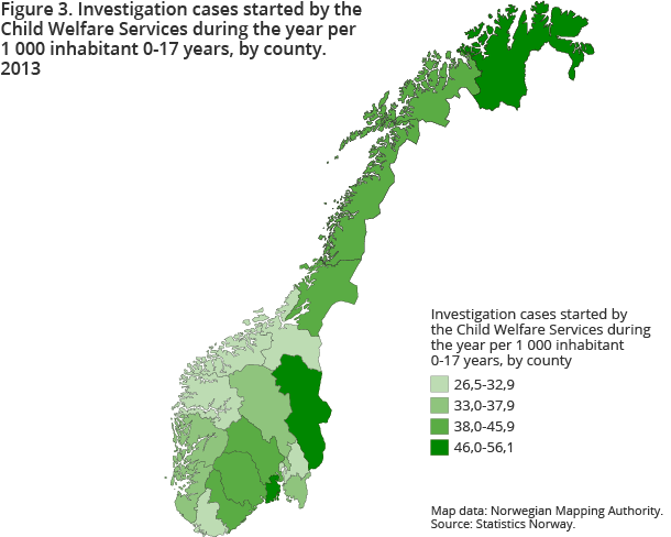 Figure 3. Investigation cases started by the Child Welfare Services during the year per 1 000 inhabitant 0-17 years, by county. 2013 Figure 3. Investigation cases started by the Child Welfare Services during the year per 1 000 inhabitant 0-17 years, by county. 2013