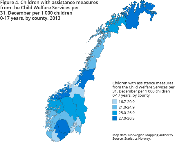 Figure 4. Children with assistance measures from the Child Welfare Services per 31. December per 1 000 children 0-17 years, by county. 2013 Figure 4. Children with assistance measures from the Child Welfare Services per 31. December per 1 000 children 0-17 years, by county. 2013