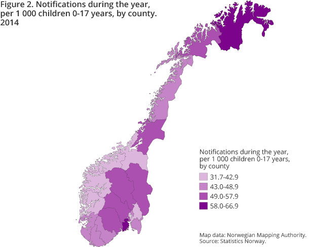 Figure 2. Notifications during the year, per 1 000 children 0-17 years, by county. 2014 Figure 2. Notifications during the year, per 1 000 children 0-17 years, by county. 2014