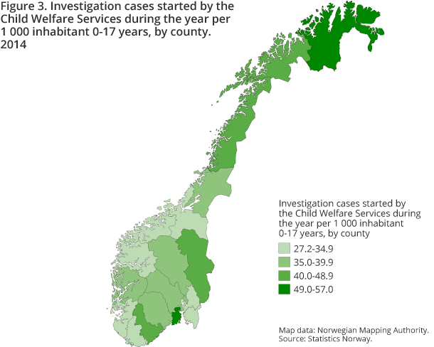 Figure 3. Investigation cases started by the Child Welfare Services during the year per 1 000 inhabitant 0-17 years, by county. 2014 Figure 3. Investigation cases started by the Child Welfare Services during the year per 1 000 inhabitant 0-17 years, by county. 2014