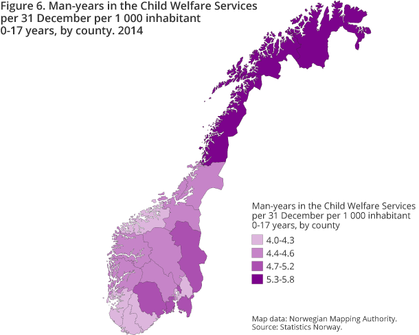 Figur 6. Man-years in the Child Welfare Services per 31 December per 1 000 inhabitant 0-17 years, by county. 2014 Figur 6. Man-years in the Child Welfare Services per 31 December per 1 000 inhabitant 0-17 years, by county. 2014