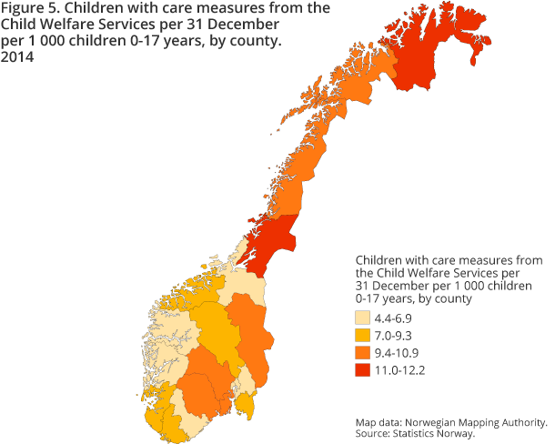 Figure 5. Children with care measures from the Child Welfare Services per 31 December per 1 000 children 0-17 years, by county. 2014 Figure 5. Children with care measures from the Child Welfare Services per 31 December per 1 000 children 0-17 years, by county. 2014