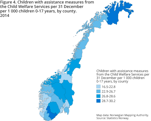 Figure 4. Children with assistance measures from the Child Welfare Services per 31 December per 1 000 children 0-17 years, by county. 2014 Figure 4. Children with assistance measures from the Child Welfare Services per 31 December per 1 000 children 0-17 years, by county. 2014