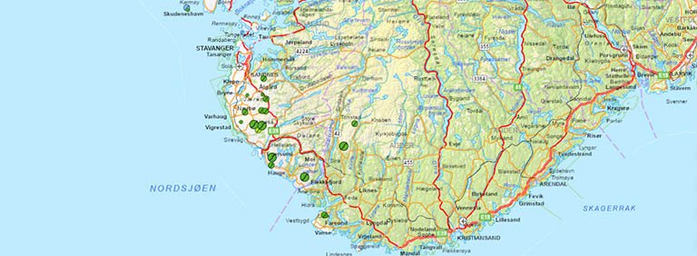 Utsnitt av kart over sørlige Norge med vindkraftverk