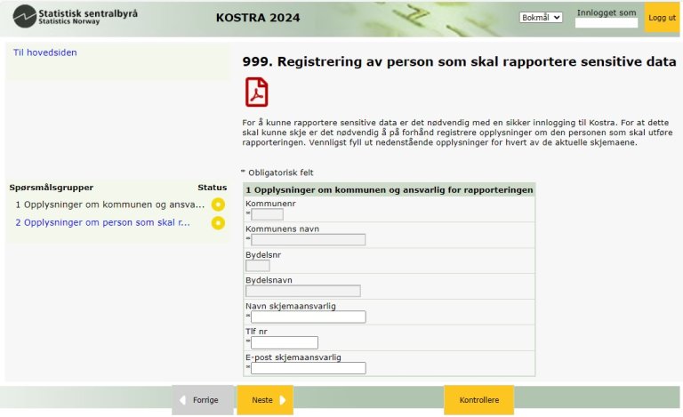 Skjermbilde av skjemaportalens skjema 999. registering av person som skal rapportere sensitive data