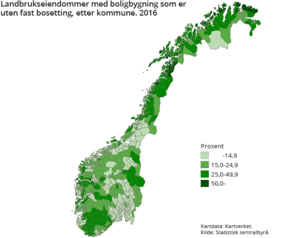 Figur 1. Landbrukseiendommer med boligbygning som er uten fast bosetting, etter kommune. 2016 Figur 1. Landbrukseiendommer med boligbygning som er uten fast bosetting, etter kommune. 2016