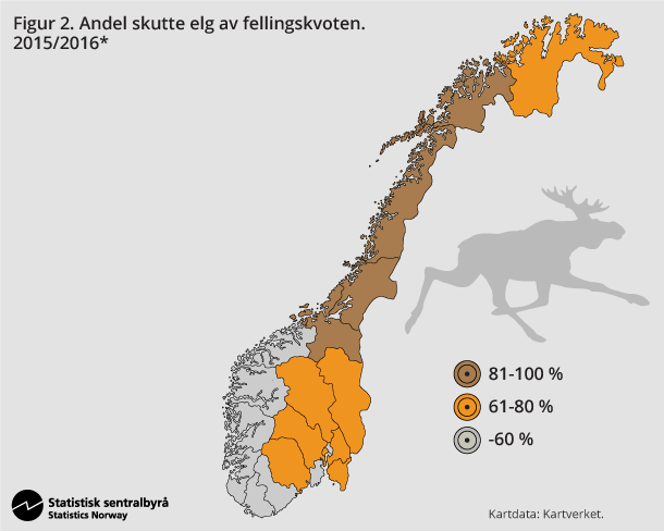 Figur 2. Andel skutte elg av fellingskvoten. 2015/2016* Figur 2. Andel skutte elg av fellingskvoten. 2015/2016*