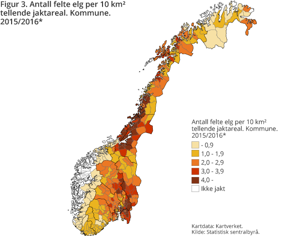Figur 3. Antall felte elg per 10 km² tellende jaktareal. Kommune. 2015/2016* Figur 3. Antall felte elg per 10 km² tellende jaktareal. Kommune. 2015/2016*