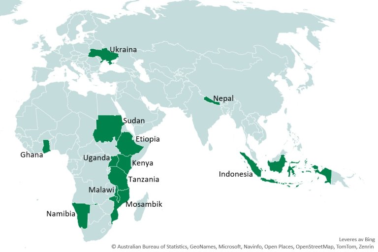 Kart som viser landene Statistisk sentralbyr samarbeider med: Etiopia, Ghana, Indonesia, Kenya, Malawi, Mosamik, Namibia, Nepal, Sudan, Tanzania, Uganda, Ukraina.