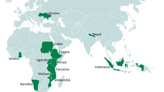 Kart som viser landene Statistisk sentralbyr samarbeider med: Etiopia, Ghana, Indonesia, Kenya, Malawi, Mosamik, Namibia, Nepal, Sudan, Tanzania, Uganda, Ukraina.