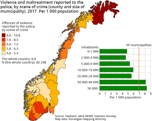 Figure 4. Violence and maltreatment reported to the police, by scene of crime (county and size of municipality). 2017. Per 1 000 population Figure 4. Violence and maltreatment reported to the police, by scene of crime (county and size of municipality). 2017. Per 1 000 population