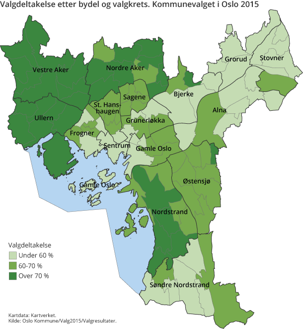 Figur 2. Valgdeltakelse etter bydel og valgkrets. Kommunevalget i Oslo 2015 Figur 2. Valgdeltakelse etter bydel og valgkrets. Kommunevalget i Oslo 2015